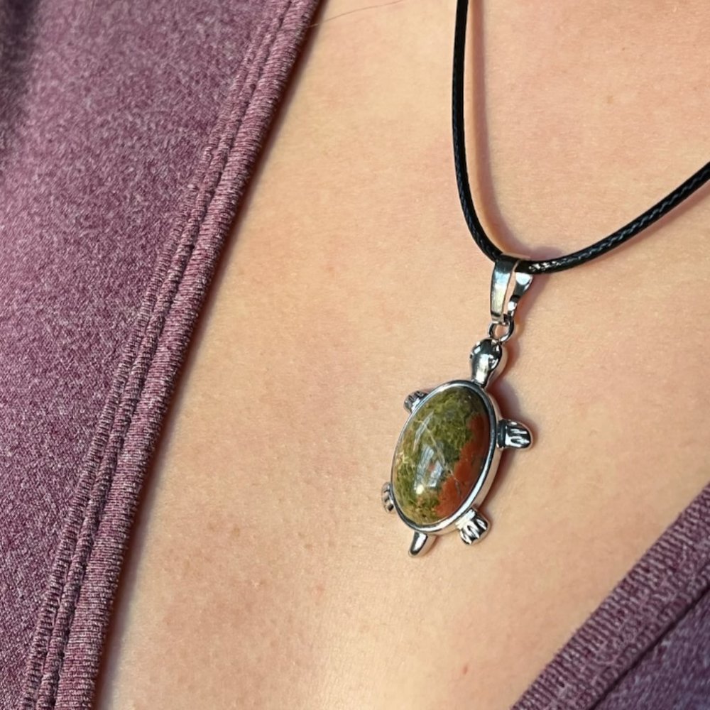 Unakite Jasper Turtle Necklace